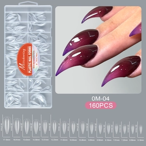 Detailed size chart of 160pcs clear stiletto nail extension forms with various dimensions