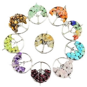 Silver tree of life pendants with colorful natural stone chips in bohemian style