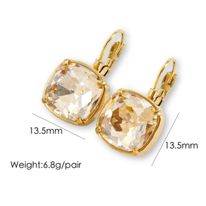 Detail view of 14k gold plated square lever-back earrings showing 13.5mm size and 6.8g weight