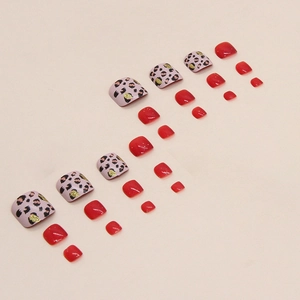 24pcs wine red and glitter leopard print press-on toenails with glossy finish