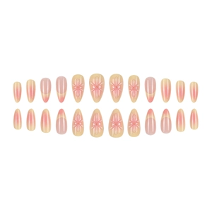 Pink and yellow gradient press-on nails with 3D floral designs and glossy finish