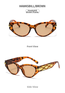 Detail view of tortoiseshell cat-eye sunglasses with gold geometric diamond temple accents