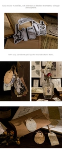 Vista macro di adesivi ed etichette vintage con illustrazioni botaniche e di farfalle