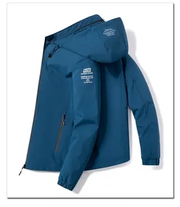 Detailed view of navy blue fleece-lined hooded jacket with white graphic text details