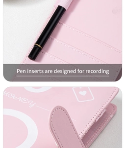 Detail of pink PU leather cash budget binder with pen loop and magnetic buckle closure