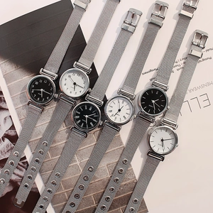 Fashion Women Quartz Watch Round Alloy Case Silver Metal Mesh Strap Simple Retro Analog Wristwatch For Students Girls
