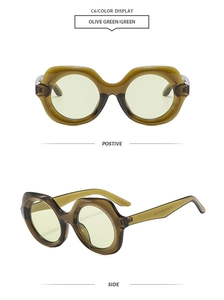 Front and side view of trendy olive green irregular oversized frame sunglasses