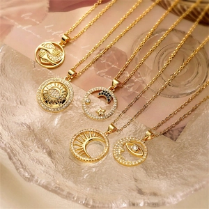 Copper Zircon Pendant Necklace Hollow Star Moon Heart Eye Sun Gold Plated Fashion Jewelry For Women