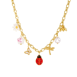 Gold necklace with cartoon insect pendants including ladybug and dragonfly and white pearls