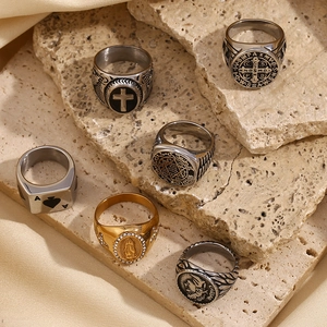 Men vintage 18K gold stainless steel rings set featuring cross and Caesar head designs