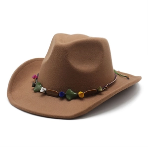 Classic dark brown western cowboy hat with colorful stone ethnic decorative band