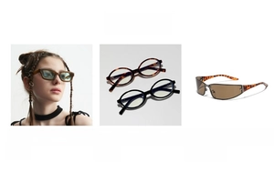 Collage of retro cat eye sunglasses and Y2K shield eyewear in black and tortoise