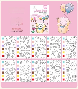 Detail of 10-page kids watercolor book with cartoon patterns and built-in paint palette