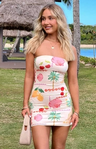 Detail of tropical print tube dress featuring cherry and lemon patterns on a white base