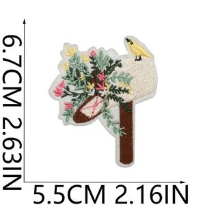 Close-up of bird and floral mailbox embroidery patch showing 6.7cm by 5.5cm dimensions