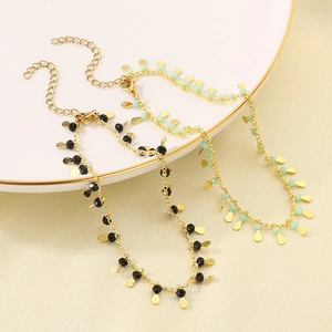 Golden titanium steel anklets with colorful drip glue beads and teardrop pendants
