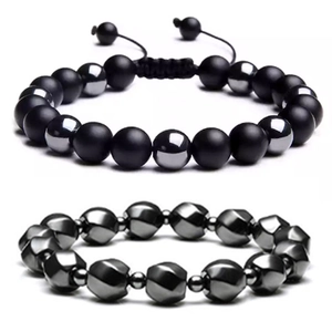 Men's hematite and obsidian matte beaded bracelets with adjustable braided cord