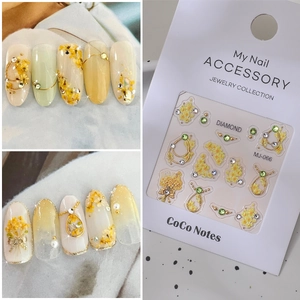 3D embossed nail art jewelry stickers with yellow dried flowers and green gems