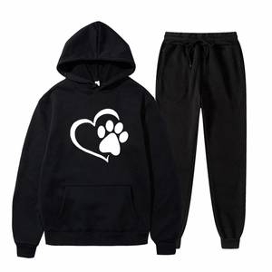 Men Long Sleeve Hoodie And Sweatpants Cotton Polyester Blend Paw Print Heart Casual Sportswear Jogging Apparel Graphic