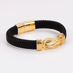 Bracelet pour homme en cuir tressé noir avec fermoir magnétique doré et nœud en métal