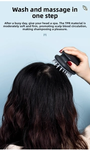 Close-up of silicone scalp massager brush for deep cleaning and exfoliating long hair