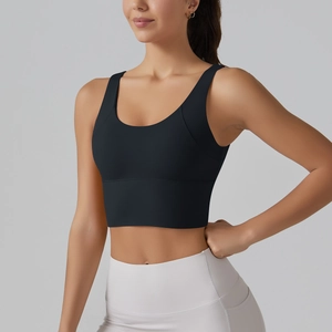 Side view of black V-back sports bra with wide elastic band and high support fabric