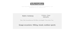 Detailed size guide for corduroy baseball cap with embroidery, 56-60cm circumference