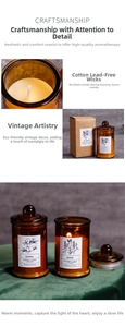 Detail of amber glass scented candles with kraft box and lead-free cotton wick