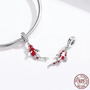 S925 sterling silver koi fish charm with red enamel and pavé zircons on snake chain