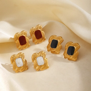 Vintage geometric square 18K gold plated titanium steel earrings in red black white enamel