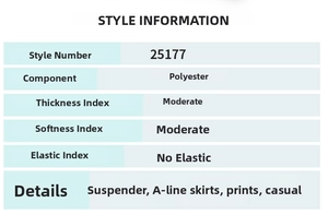 Size chart for floral A-line maxi dress detailing polyester material and specifications