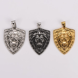 Lion head shield pendants in gold and silver stainless steel for men's necklace jewelry