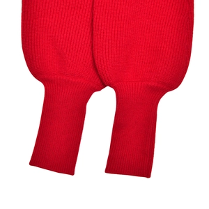 Close-up of vibrant red knitted ribbed cuffs showing detailed texture on white background