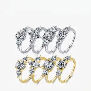 Luxury 925 Sterling Silver Three Stone Ring Cubic Zirconia Pear Round Emerald Cut Engagement Wedding Jewelry For Women