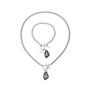 Luxury irregular black gem and pearl necklace and bracelet set with silver OT toggle clasp