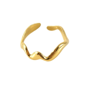 Minimalist gold wave line open ring with a sleek flowing design on a white background