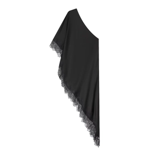 Women's casual black silk satin top with asymmetrical lace trim and one-shoulder design
