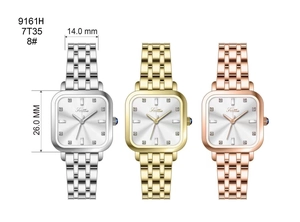 Square women's watches in silver, gold, and rose gold with crystal markers and steel bands