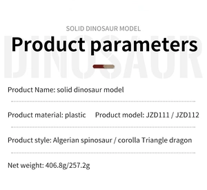 Detailed specifications table for solid Spinosaurus and Triceratops dinosaur models