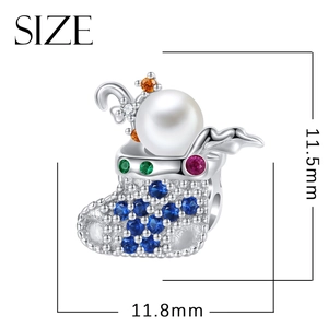 Christmas stocking charm with colorful stones and pearl, dimensions 11.5mm by 11.8mm