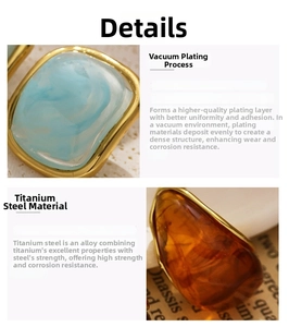 Detail of 18k gold plated titanium earrings with blue marble and amber resin inserts