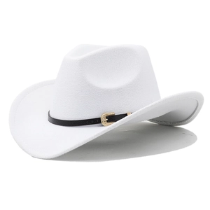 Close-up of white wool cowboy hat with black leather band and gold western buckle