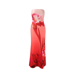 Detailed view of red floral gradient tube maxi dress with slim fit and smooth fabric texture
