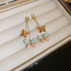 Elegant butterfly drop earrings with cubic zirconia and blue-pink resin wings