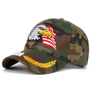 Camo baseball cap with embroidered American flag eagle and USA lettering on the brim