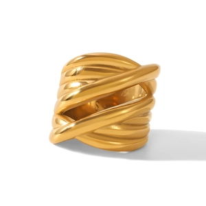 Polished 18k gold plated chunky braided ring with multi-layer intertwined metal design