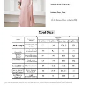 Size guide for women's long satin robe featuring detailed measurements and lace cuff details