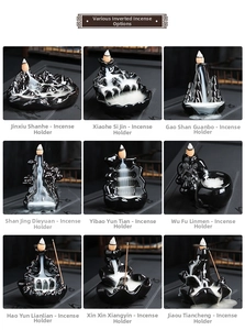 Collage of nine ceramic backflow incense burners with mountain and lotus designs
