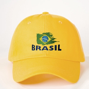 Adjustable yellow cotton baseball cap with Brasil flag embroidery and lettering