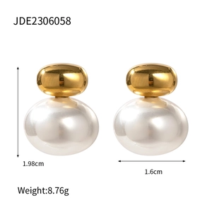 Elegant gold metal and white pearl drop earrings with dimensions and weight specs